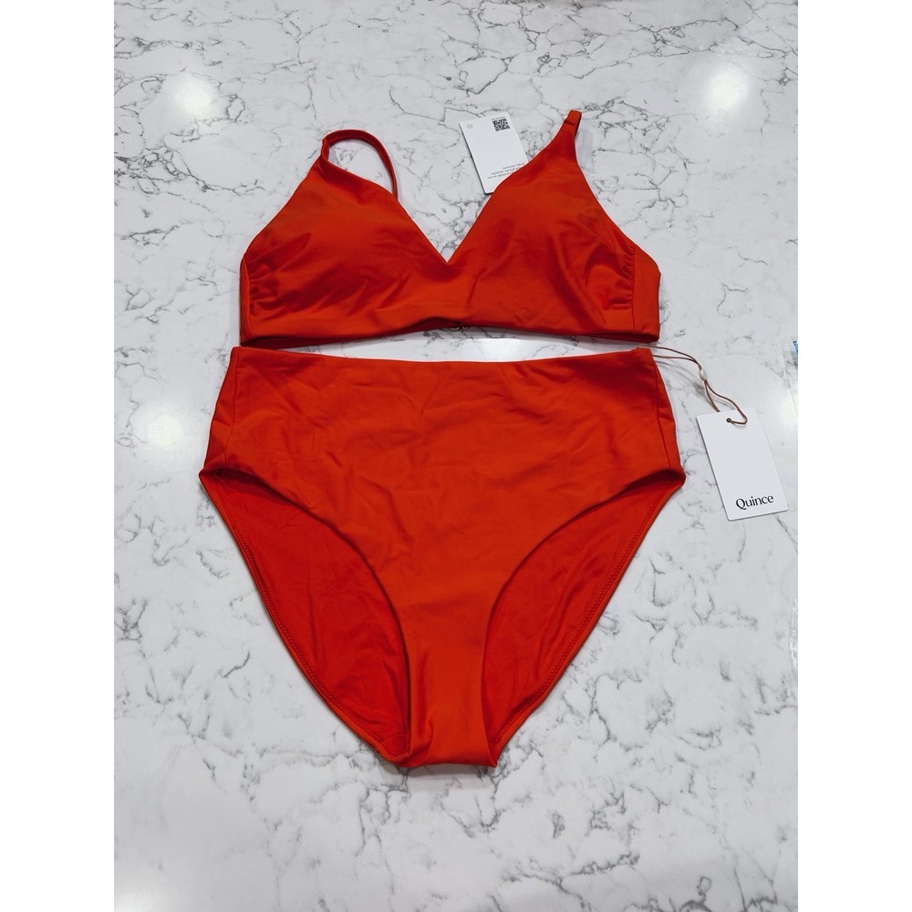 NWT Quince Sunset Orange Italian V Neck Bikini Top & High Rise Bottom Large